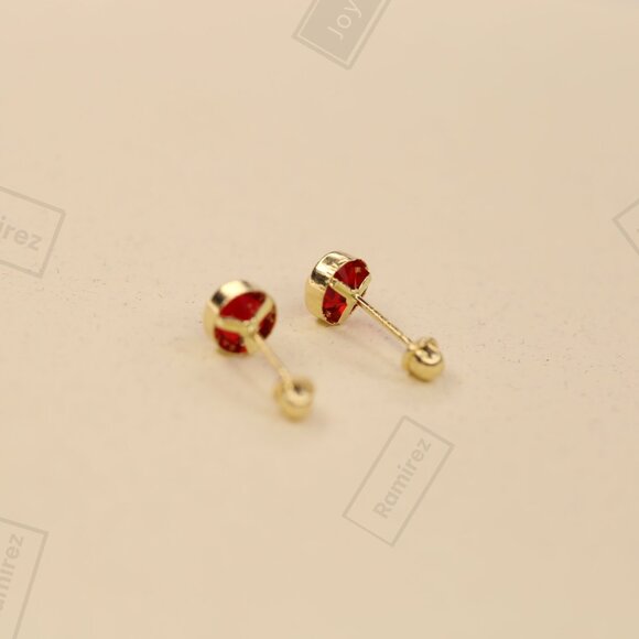 Elegant 14K Solid Gold Heart Earrings with Red Zirconia • 5mm Round Silhouette. - Picture 5 of 7